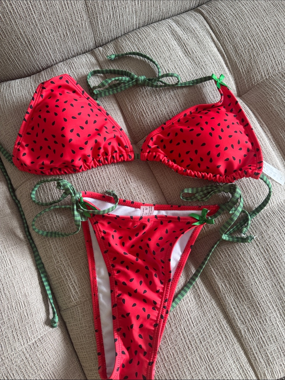 Red Watermelon Print Triangle Bikini with Green Ties